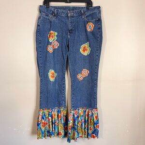 70s Inspired Women's 14 Upcycled Denim Jeans Bell Bottoms Flare Patchwork Hippie